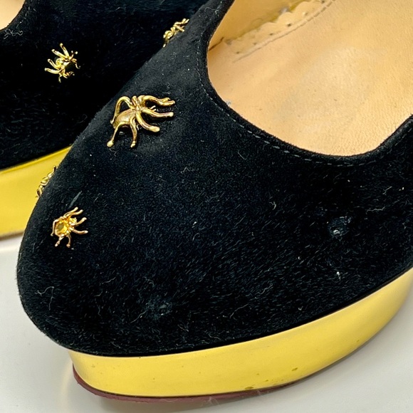 Our vintage Charlotte Olympia Dolly Spider-Studded Suede Platform Pumps. - Picture 9 of 11